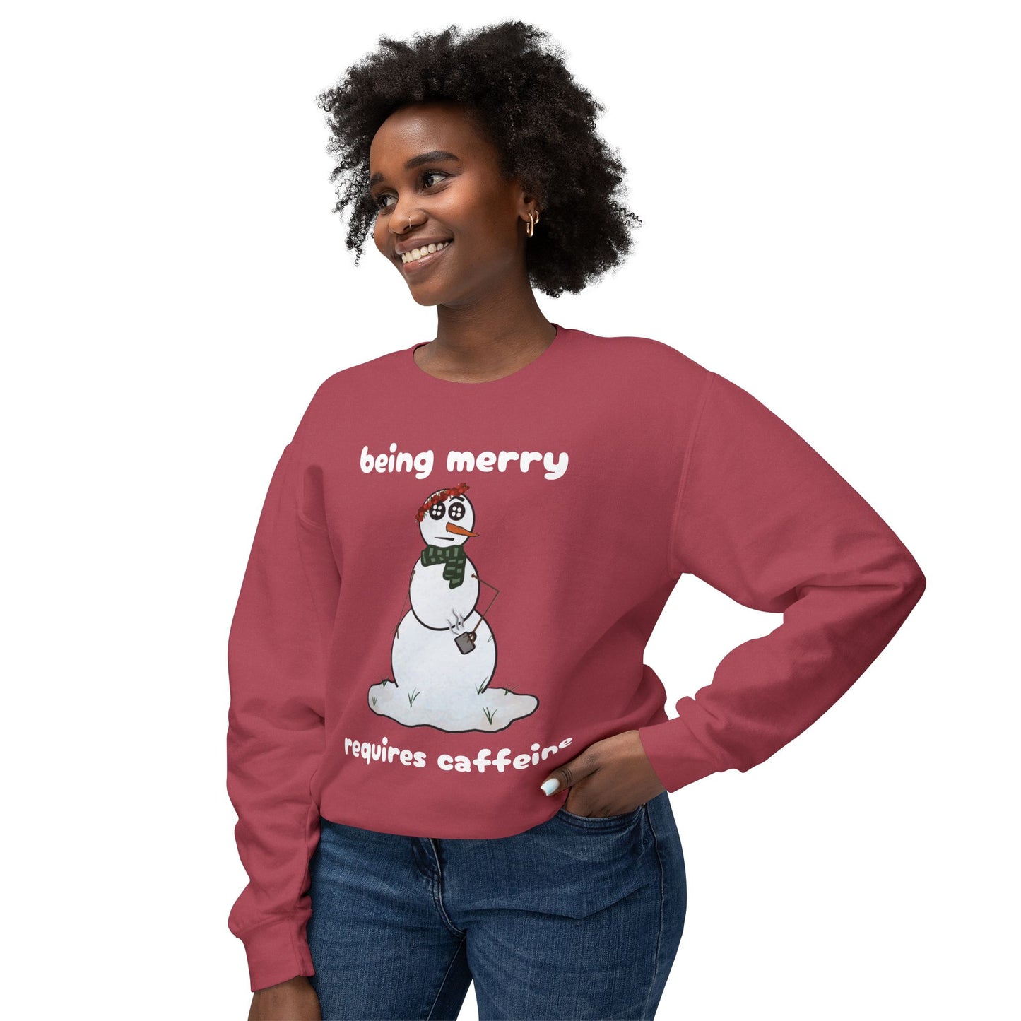 Holiday Snowman Sweatshirt – "Being Merry Requires Caffeine" Cozy Crewneck